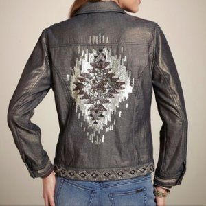 Chicos Womens Kimmie Embellished Denim Jacket Bronze Metallic Sequins size XL